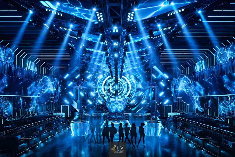 Thiết kế nội thất bar club sử dụng hệ LED lập trình hiện đại, kết hợp sân khấu trung tâm nổi bật. Giải pháp A-Z tối ưu trải nghiệm giải trí, tăng khả năng giữ chân khách và nâng cao hiệu quả vận hành. 