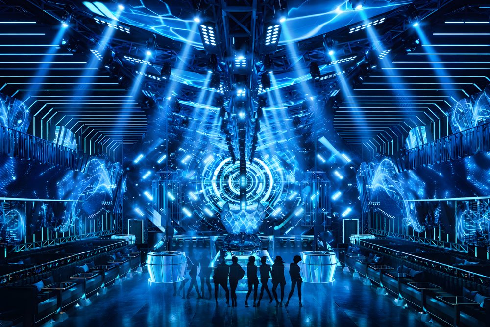 Không gian Bar Club cao cấp với layout mở, bàn VIP hai bên và sân khấu trung tâm giúp tối ưu công năng và nâng tầm trải nghiệm khách hàng 