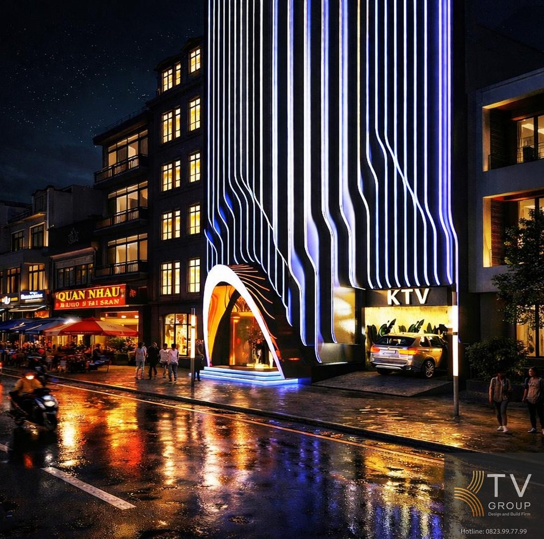 thiết kế karaoke KTV mặt tiền LED uốn cong hiện đại 