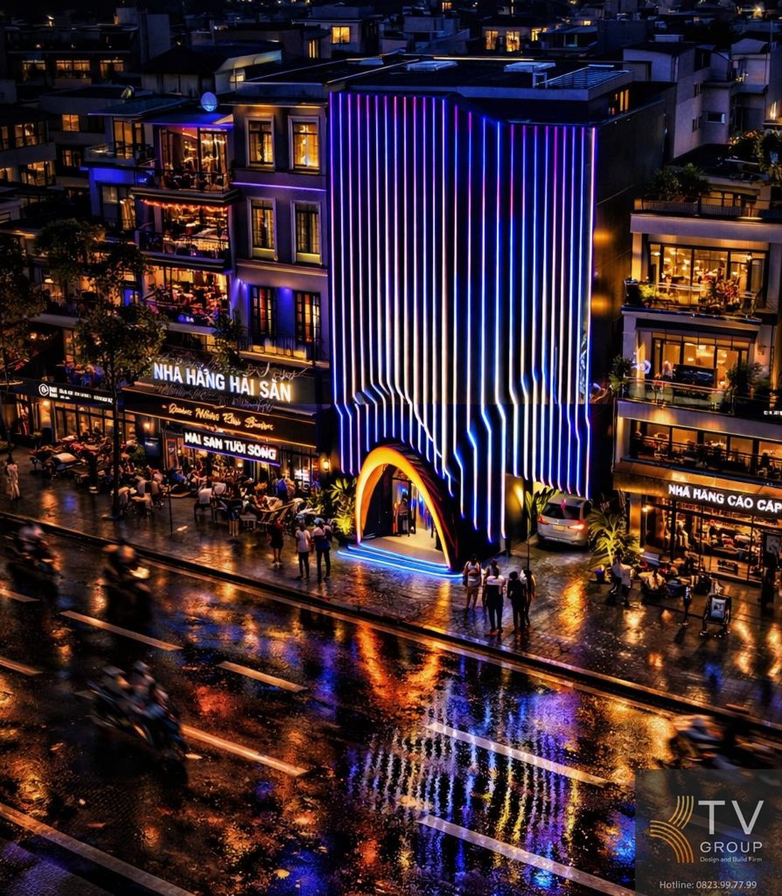 Mặt tiền karaoke phong cách tương lai với hệ LED chuyển sắc linh hoạt, tạo hiệu ứng ánh sáng nghệ thuật ấn tượng và nâng tầm không gian kinh doanh giải trí. 