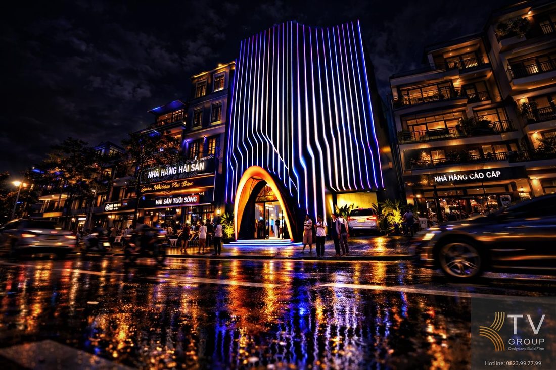 Thi công karaoke KTV nổi bật với kiến trúc uốn cong kết hợp ánh sáng LED chạy dọc, mang đến trải nghiệm thị giác độc đáo và thu hút khách từ xa. 