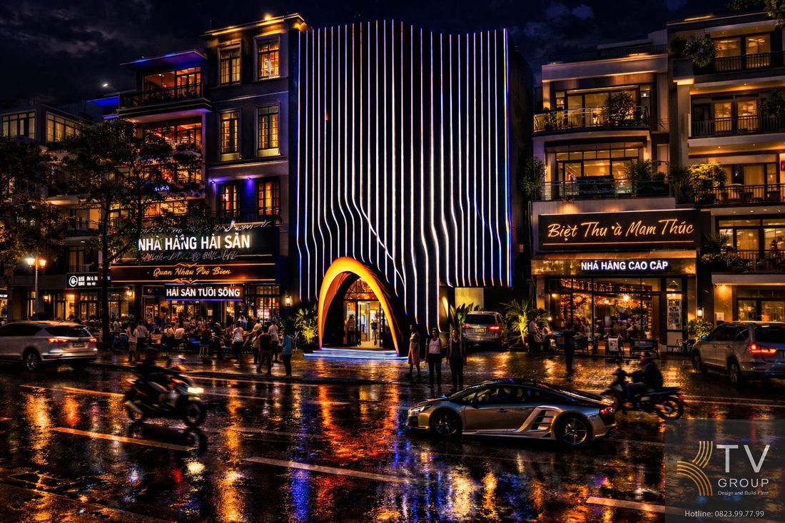 Thiết kế karaoke hiện đại với hệ thống ánh sáng LED đổi màu giúp công trình nổi bật giữa phố đêm, tạo điểm nhấn sang trọng và chuyên nghiệp. 