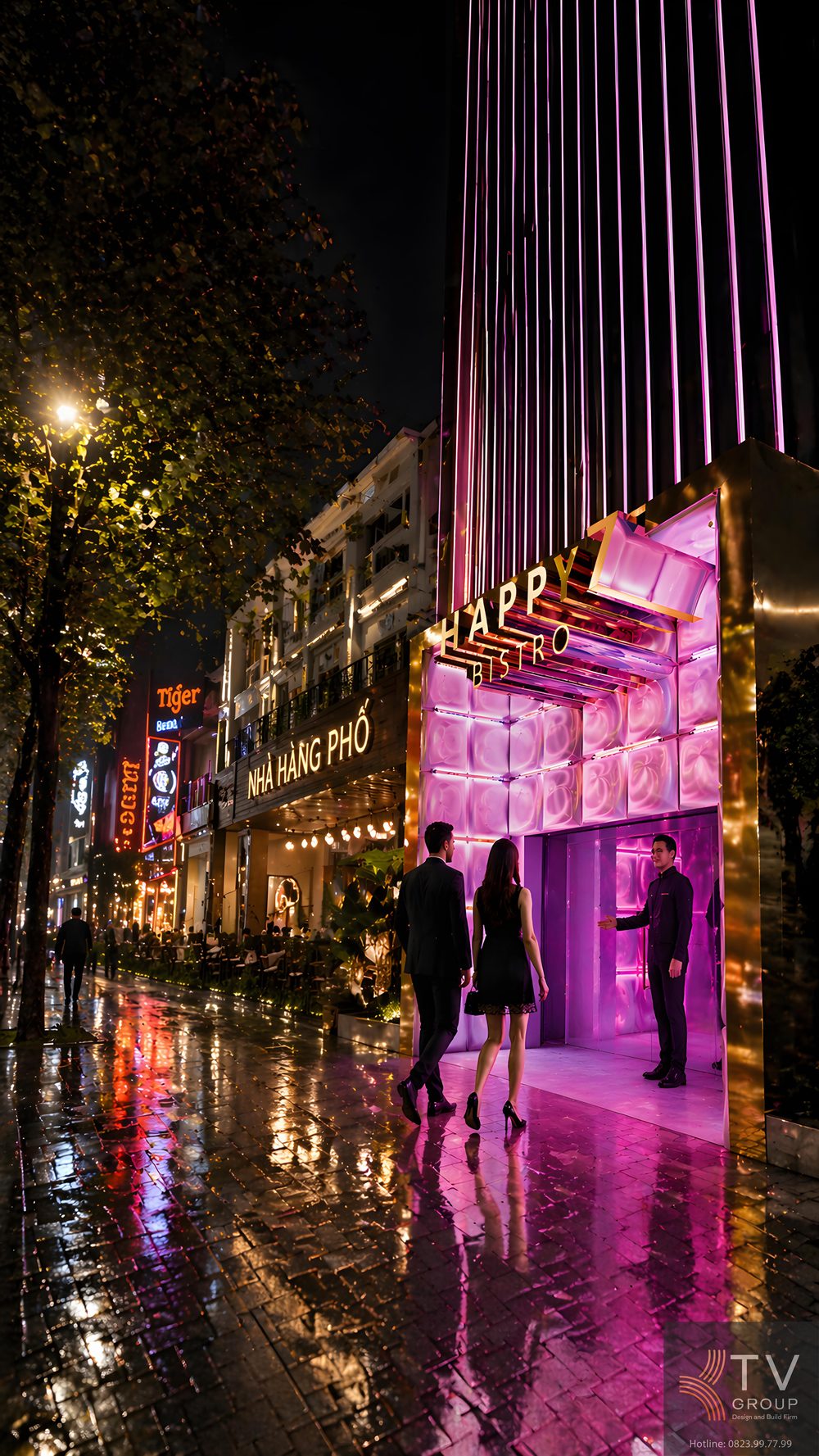 Mặt tiền HAPPY 7 Bistro KTV nổi bật với hệ LED dọc hiện đại, tạo điểm nhấn ấn tượng giữa tuyến phố giải trí sầm uất về đêm. 