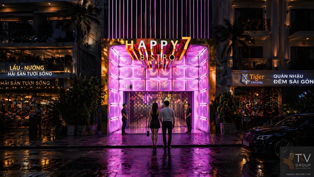 Sảnh đón HAPPY 7 Bistro KTV được thiết kế sang trọng, tạo trải nghiệm đẳng cấp ngay từ bước chân đầu tiên. 