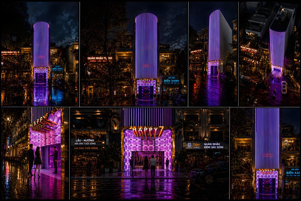 Mặt tiền HAPPY 7 Bistro KTV nổi bật với hệ LED chạy dọc toàn bộ công trình, tạo hiệu ứng thị giác mạnh mẽ và thu hút mọi ánh nhìn trên tuyến phố về đêm. 