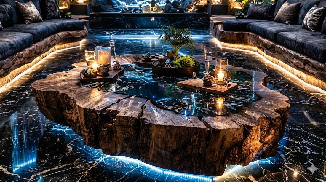 thiết kế karaoke ktv bàn gỗ nguyên khối phong cách đá tự nhiên luxury