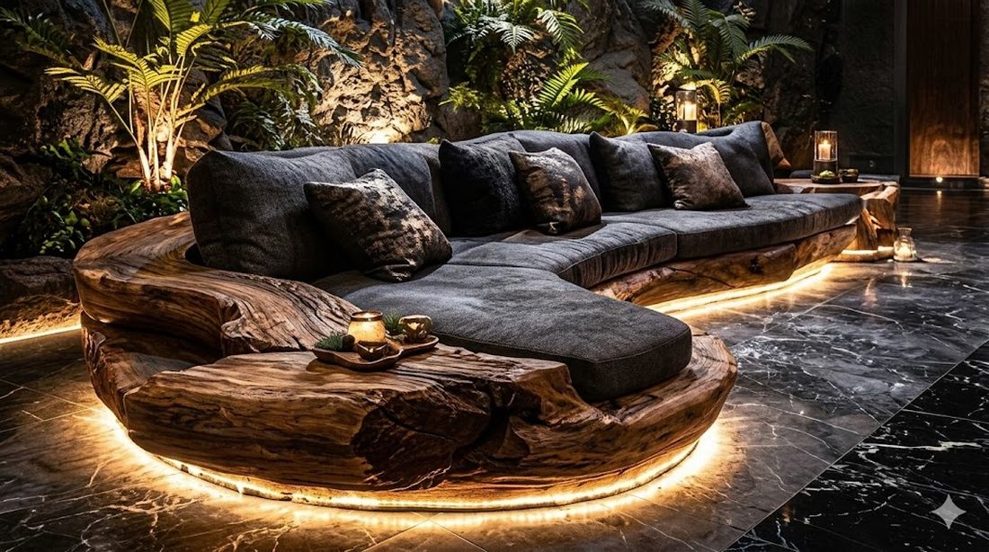 Góc thiết kế karaoke KTV phong cách Jungle Lounge với sofa gỗ tự nhiên, ánh sáng LED giấu chân ghế và cây xanh nhiệt đới, tạo không gian lounge sang trọng và thư giãn cho phòng hát VIP. 