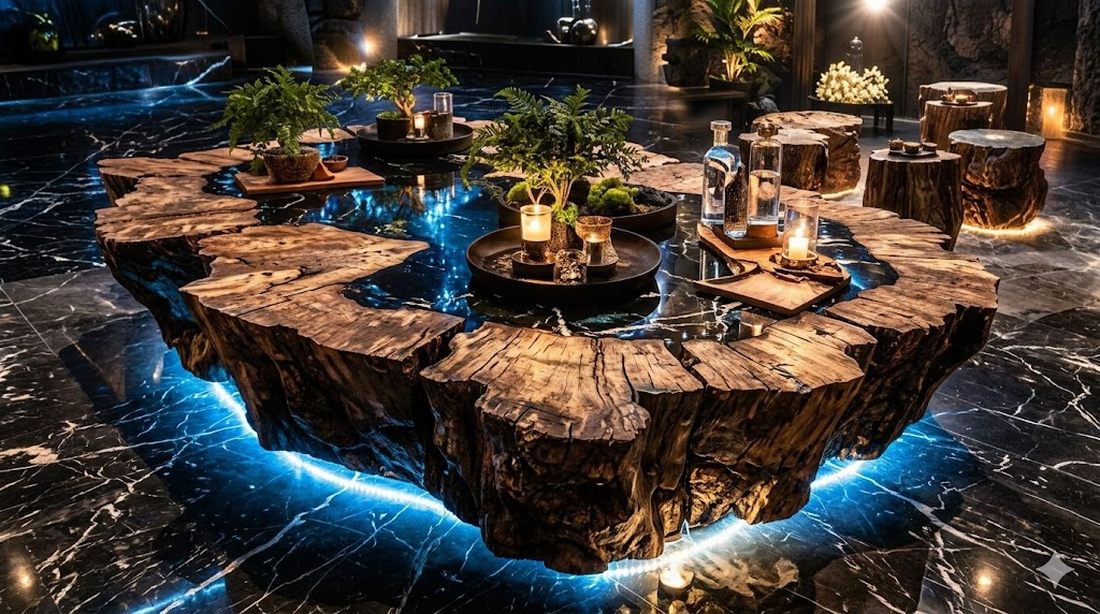 Thiết kế karaoke KTV phong cách Jungle Lounge với bàn gỗ nguyên khối độc đáo 