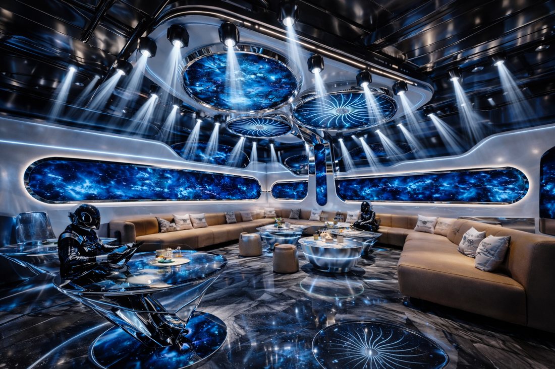 Thiết kế phòng karaoke chủ đề vũ trụ galaxy với trần LED ánh sáng sân khấu, nội thất sofa sang trọng và không gian giải trí KTV công nghệ cao hiện đại. 