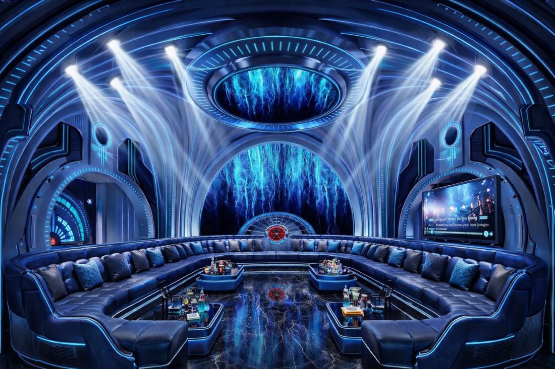 Thiết kế phòng karaoke Futuristic Ocean với trần LED xanh công nghệ, sofa cong sang trọng và ánh sáng hiện đại, tạo không gian giải trí cao cấp cho quán KTV. 