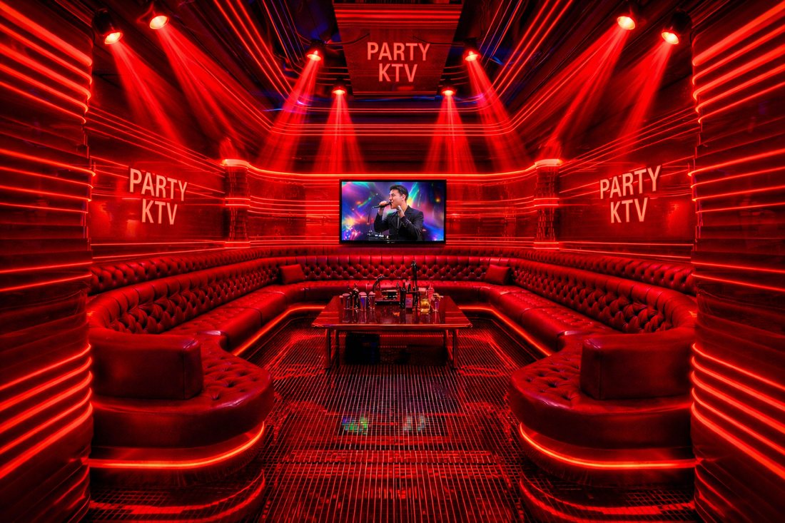 Phòng karaoke phong cách nightclub ánh sáng đỏ nổi bật, sofa chữ U sang trọng và hệ đèn sân khấu LED hiện đại, tạo không gian giải trí sôi động cho quán KTV cao cấp.