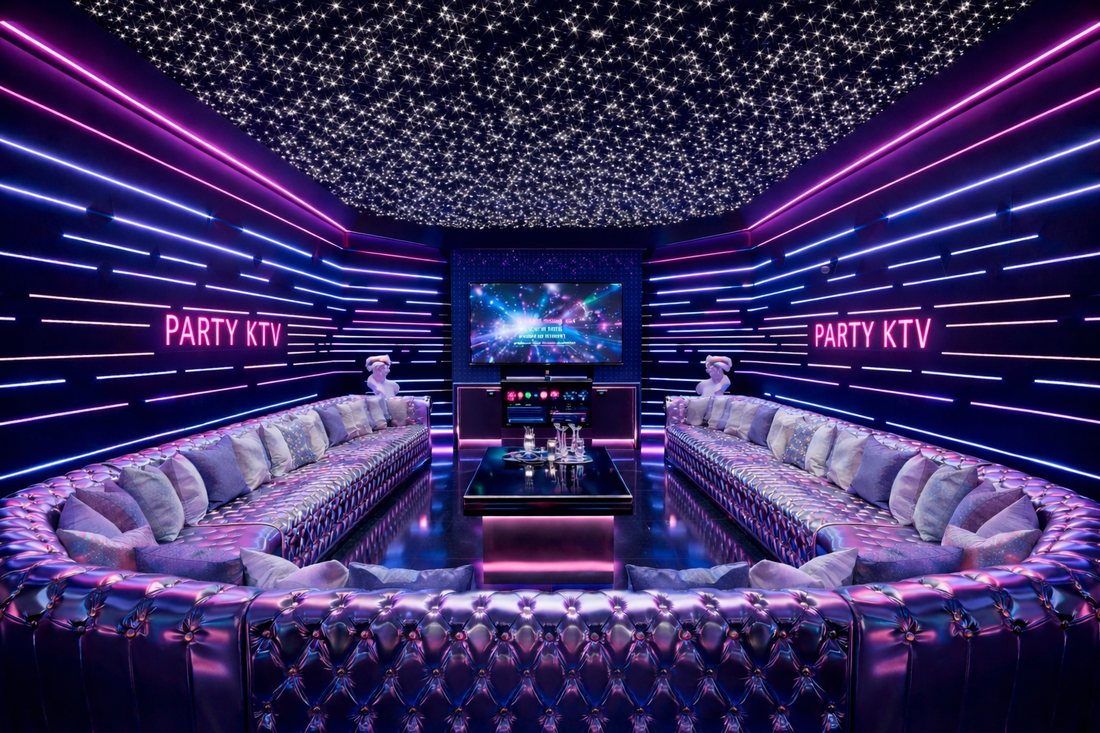 Phòng karaoke Galaxy Party với trần sao LED lấp lánh, tường ánh sáng neon tím xanh hiện đại, sofa da cao cấp bố trí chữ U và không gian giải trí sang trọng dành cho phòng KTV VIP.