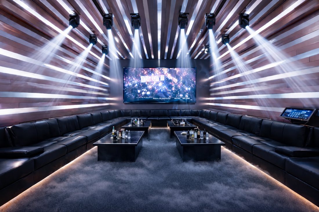 Phòng karaoke Modern Light Stage với trần đèn spotlight, tường gỗ kết hợp LED và sofa da đen sang trọng, tạo không gian KTV hiện đại và giải trí cao cấp.