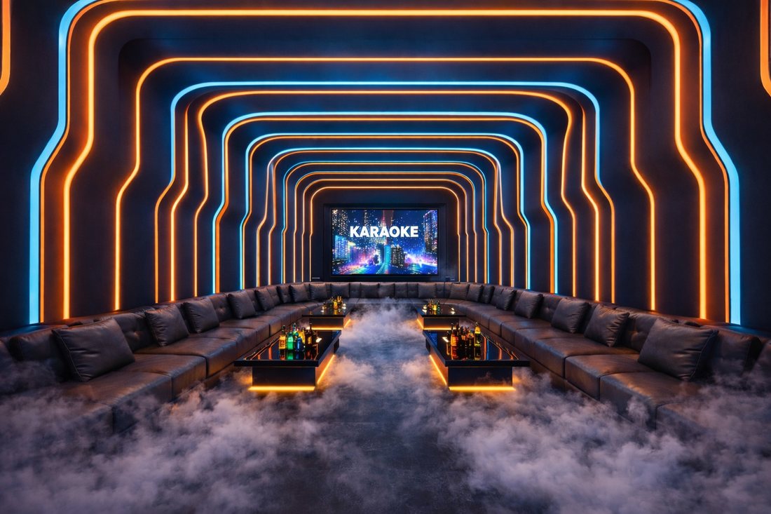 Phòng karaoke phong cách Futuristic LED với hệ khung ánh sáng nhiều lớp, sofa da sang trọng và không gian giải trí hiện đại tạo điểm nhấn cho quán KTV.