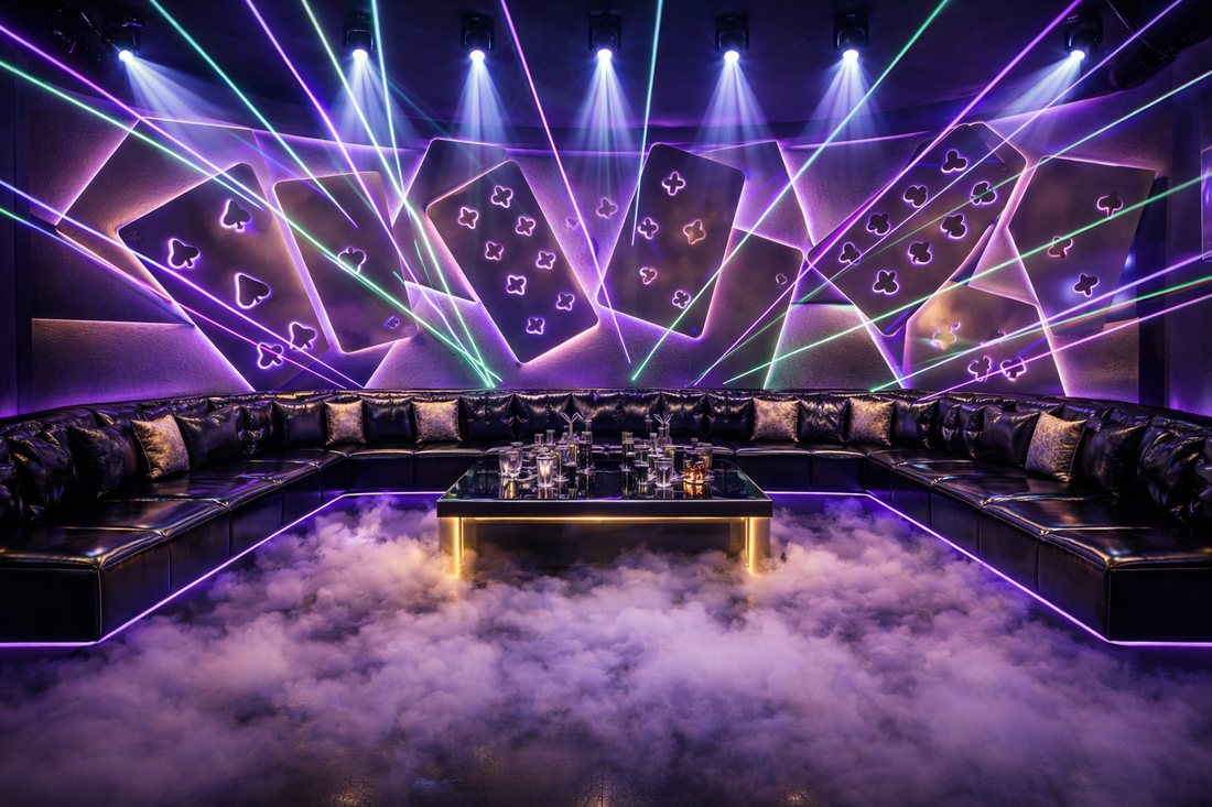 Phòng karaoke phong cách Poker Nightclub với tường nghệ thuật bài tây LED, ánh sáng laser sôi động, sofa da cao cấp và không gian giải trí hiện đại, tạo điểm nhấn ấn tượng cho quán KTV.