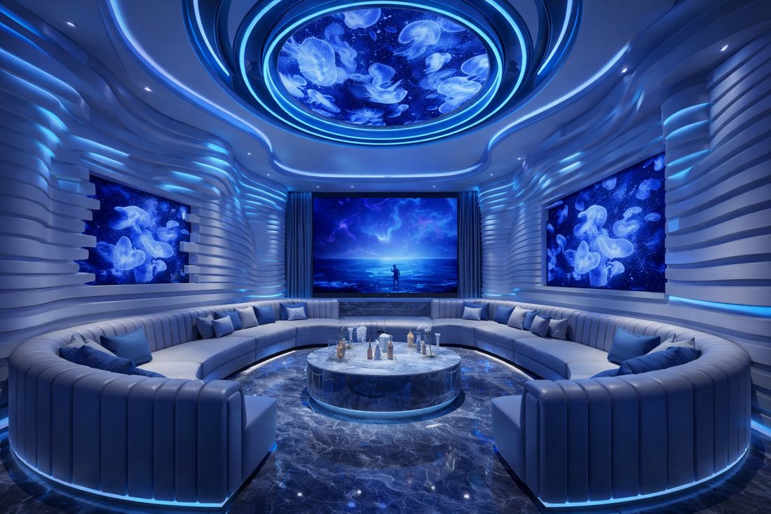 Phòng karaoke chủ đề đại dương ánh sáng với trần LED sứa biển, sofa vòng sang trọng, màn hình giải trí lớn và nội thất cao cấp tạo không gian KTV hiện đại tại Đà Lạt Lâm Đồng.