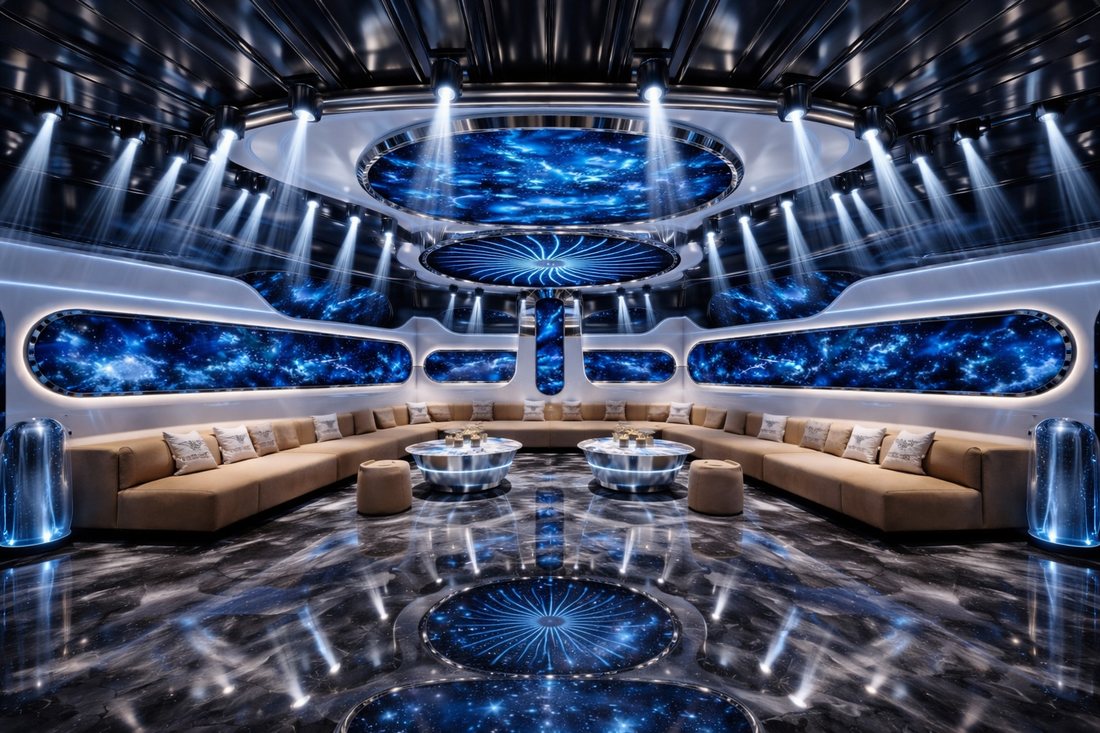  Không gian karaoke Futuristic phong cách thiên hà với trần ánh sáng, màn hình LED galaxy và nội thất cao cấp tạo trải nghiệm giải trí ấn tượng.