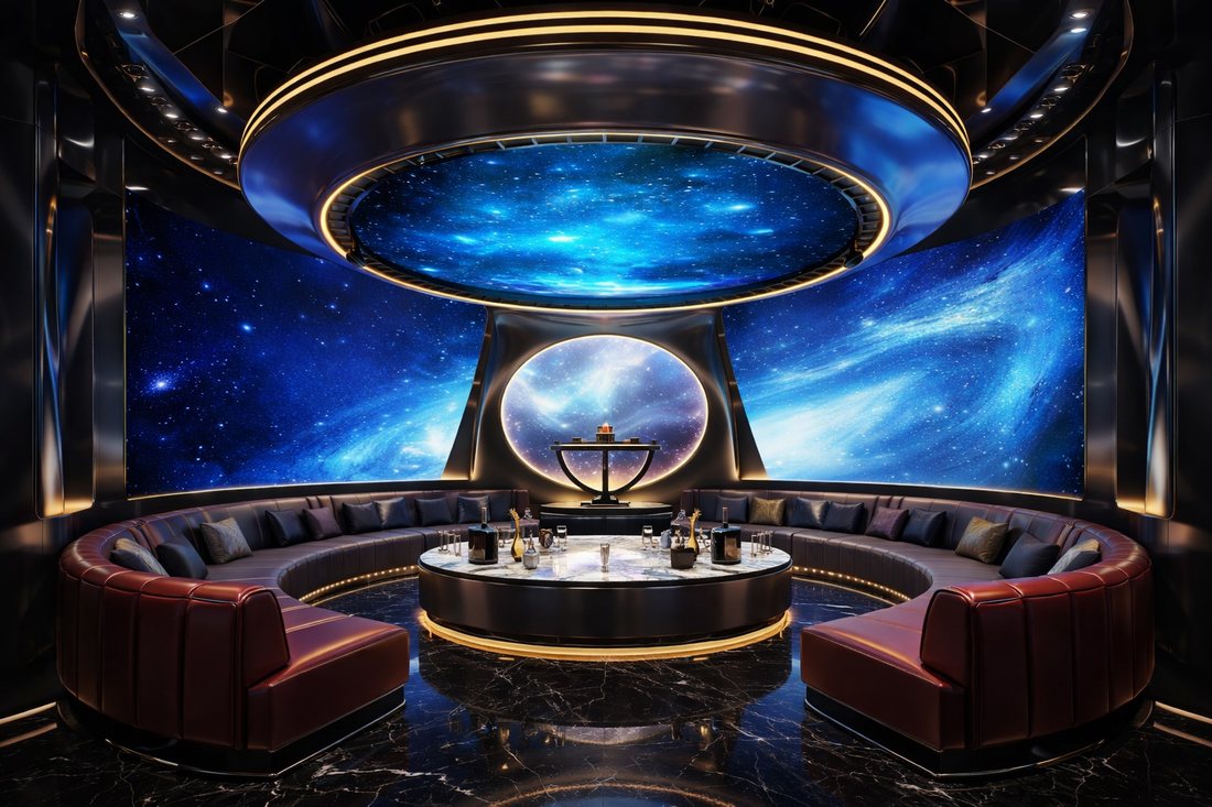 Thiết kế phòng karaoke chủ đề dải ngân hà với màn hình LED lớn, trần ánh sáng nghệ thuật và sofa cong sang trọng, tạo không gian hát karaoke ấn tượng phù hợp mô hình KTV cao cấp. 