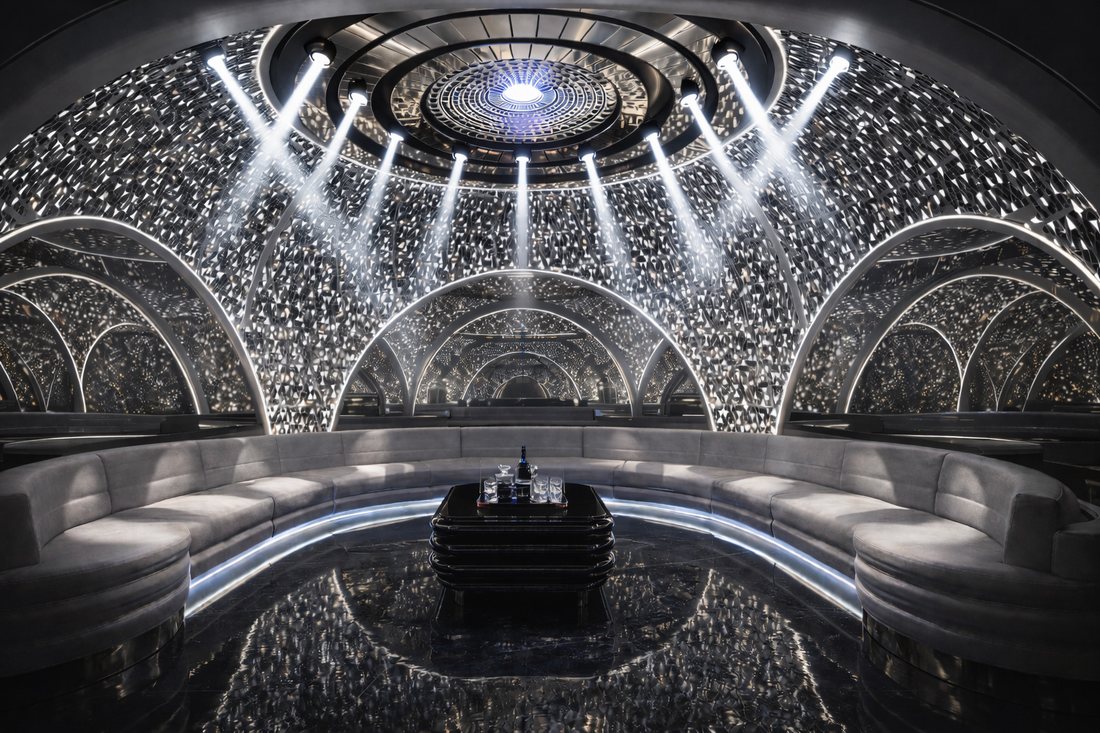 Phòng karaoke thiết kế ánh sáng nghệ thuật với trần LED trung tâm, kiến trúc cong trang trí độc đáo, sofa vòng cung cao cấp và sàn đá phản chiếu ánh sáng, tạo không gian giải trí sang trọng phù hợp mô hình karaoke KTV cao cấp hiện đại.