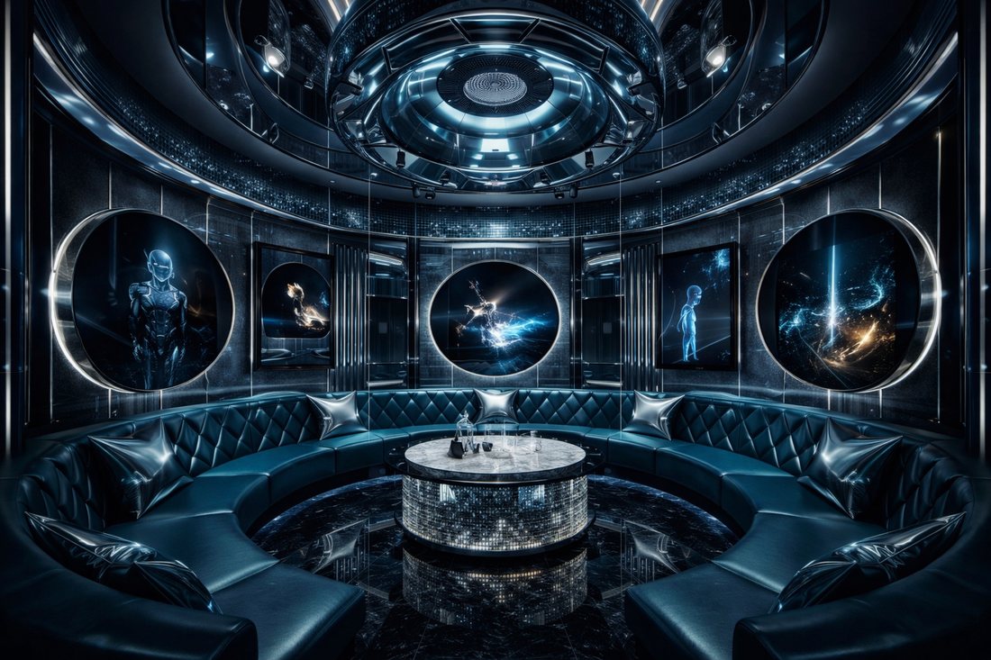 Phòng karaoke cao cấp thiết kế ánh sáng LED trung tâm, màn hình trang trí công nghệ, sofa cong sang trọng và sàn đá phản chiếu ánh sáng, tạo không gian giải trí hiện đại, phù hợp mô hình karaoke KTV cao cấp.