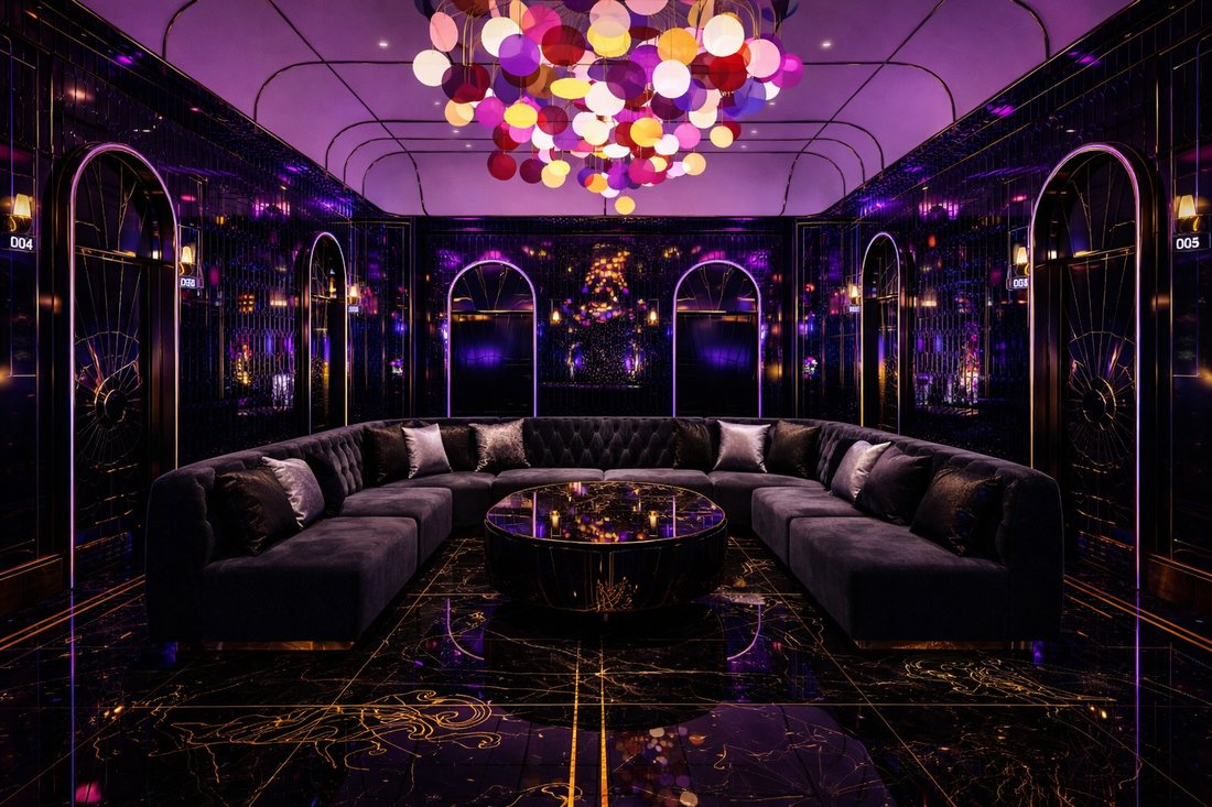 Phòng karaoke phong cách lounge sang trọng với hệ đèn trần nhiều màu sắc nghệ thuật, sofa cong cao cấp, tường trang trí ánh sáng và sàn đá bóng phản chiếu. Không gian giải trí hiện đại, phù hợp mô hình karaoke KTV cao cấp thu hút khách tại Vĩnh Long.