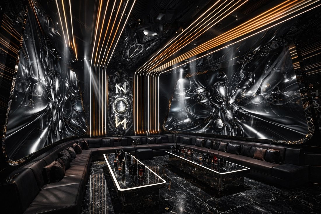 Phòng karaoke phong cách hiện đại với trần LED tuyến tính, tường nghệ thuật kim loại phản chiếu ánh sáng, sofa dài cao cấp và bàn trung tâm sang trọng. Không gian giải trí đậm chất công nghệ, phù hợp mô hình karaoke KTV cao cấp thu hút khách tại Đồng Tháp. 