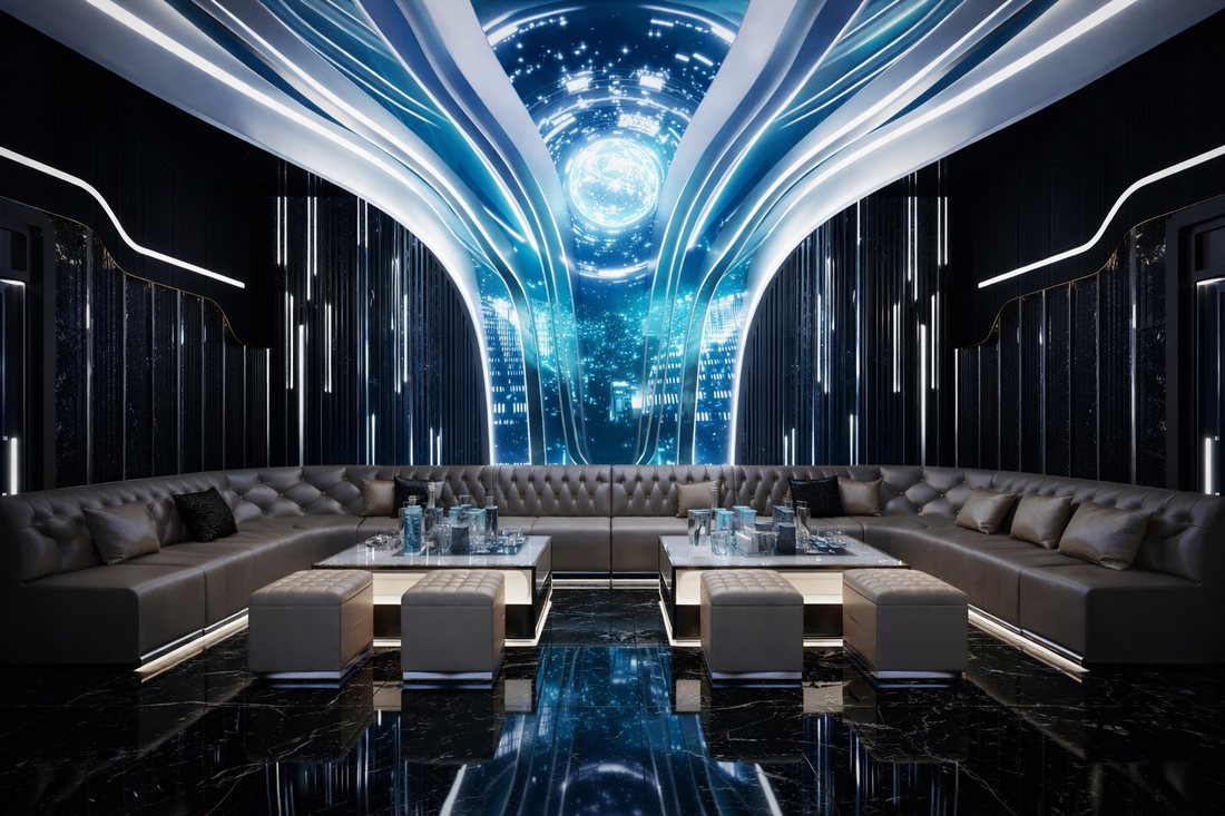 Thiết kế phòng karaoke phong cách Futuristic Galaxy hiện đại tại An Giang với trần ánh sáng vũ trụ ấn tượng, sofa da cao cấp, bàn LED trung tâm và không gian giải trí sang trọng phù hợp mô hình karaoke VIP cao cấp.