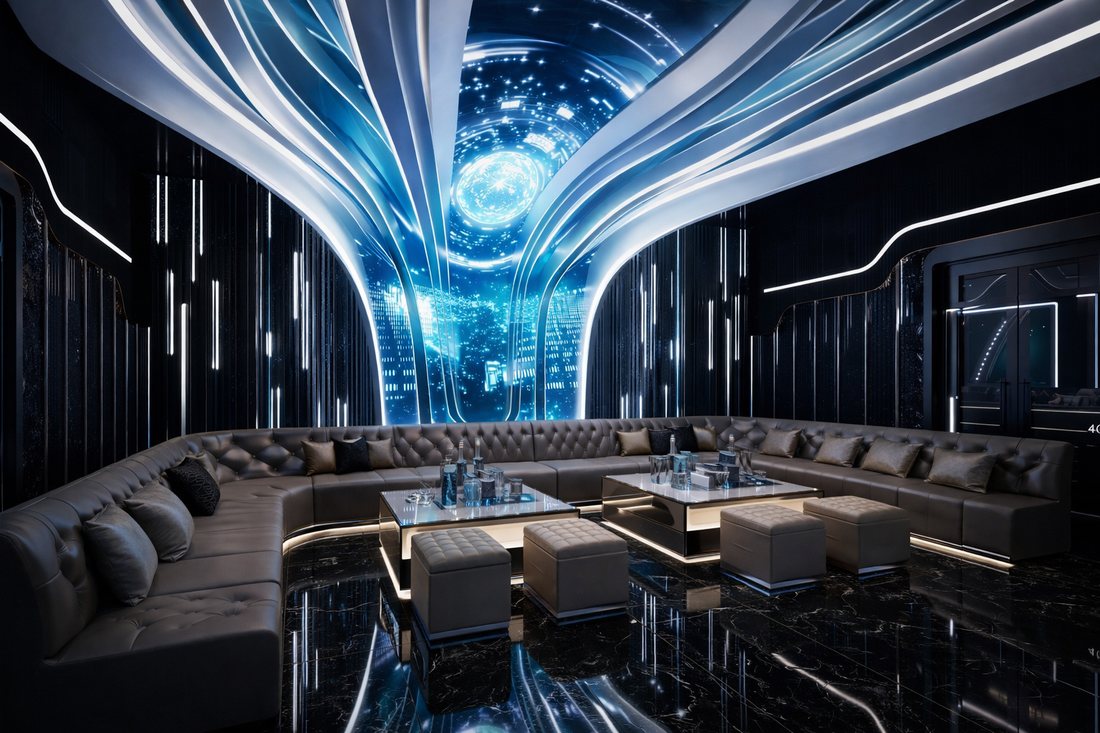 Mẫu thiết kế phòng karaoke cao cấp với concept vũ trụ tương lai, ánh sáng galaxy nổi bật, bố trí sofa chữ U rộng rãi cùng bàn kính LED trung tâm phù hợp phòng karaoke VIP hiện đại. 