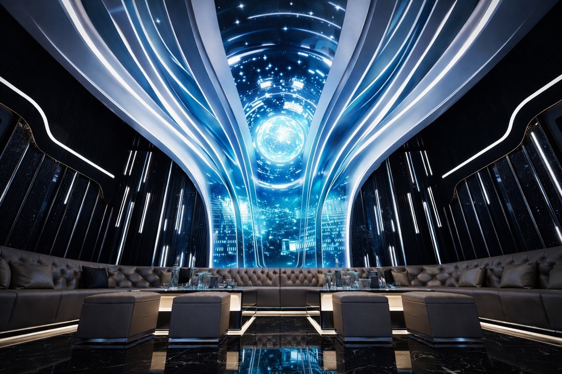 Thiết kế nội thất phòng karaoke phong cách công nghệ tương lai với trần ánh sáng thiên hà, tường LED trang trí và sàn đá phản chiếu tạo không gian giải trí sang trọng thu hút khách tại An Giang.