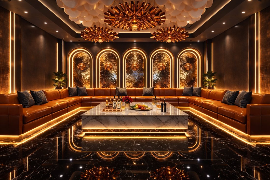 Thiết kế phòng karaoke phong cách Luxury Gold sang trọng tại Kiên Giang với hệ thống đèn chùm nghệ thuật ánh vàng, sofa da cao cấp bố trí chữ U và bàn đá marble trung tâm tạo không gian giải trí đẳng cấp cho phòng karaoke VIP. 