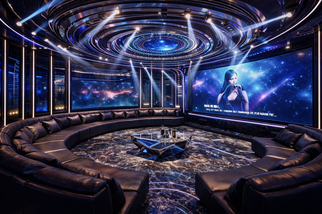 Không gian karaoke Futuristic với trần ánh sáng vũ trụ, màn hình lớn và sàn đá phản chiếu tạo trải nghiệm giải trí cao cấp cho phòng KTV. 