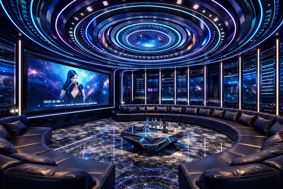 Dự án thiết kế karaoke KTV phong cách galaxy Futuristic tại Quảng Ngãi với trần LED vòng tròn, màn hình lớn và nội thất hiện đại, tạo không gian giải trí ấn tượng cho mô hình karaoke cao cấp. 