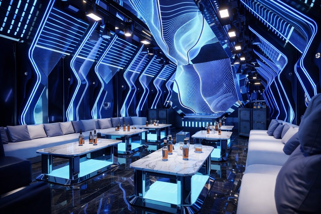 Thiết kế phòng karaoke Futuristic với trần LED dạng sóng ánh sáng, nội thất sofa sang trọng và bàn đá hiện đại tạo không gian KTV công nghệ cao ấn tượng.