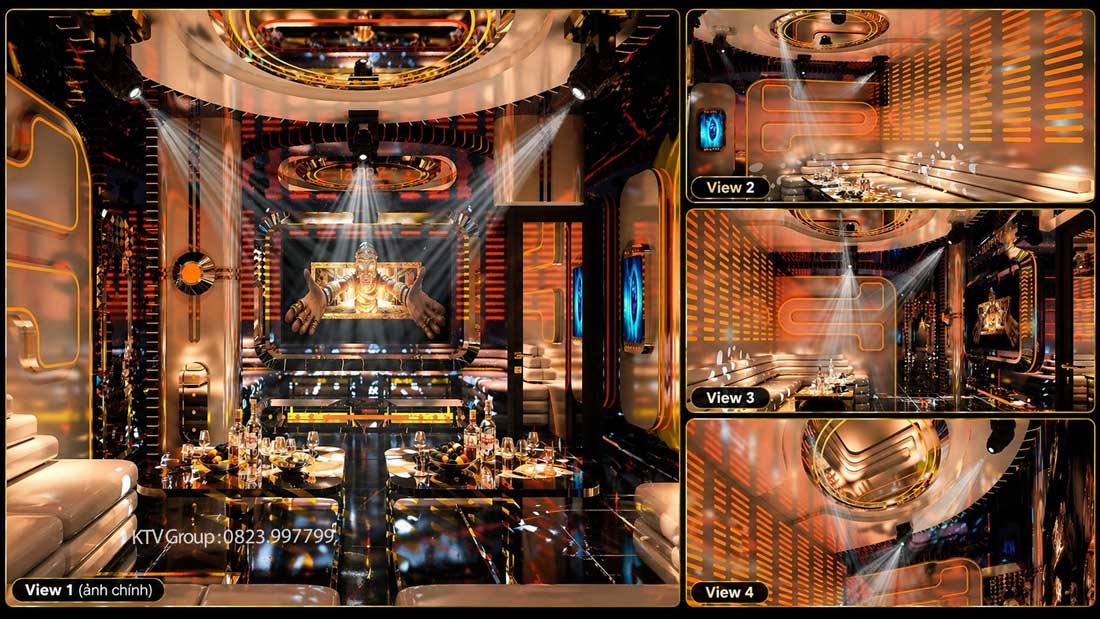 Thiết kế phòng VIP 02 dự án Happy 7 Bistro KTV tại TP.HCM với phong cách Nightlife hiện đại, hệ thống LED nghệ thuật màu hổ phách, nội thất cao cấp, không gian karaoke sang trọng và trải nghiệm giải trí đẳng cấp dành cho khách VIP.