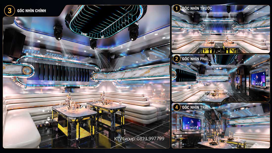 Thiết kế phòng VIP 03 dự án Happy 7 Bistro KTV tại TP.HCM với phong cách hiện đại, ánh sáng LED xanh công nghệ, nội thất cao cấp, không gian karaoke sang trọng và trải nghiệm giải trí đẳng cấp dành cho khách VIP.