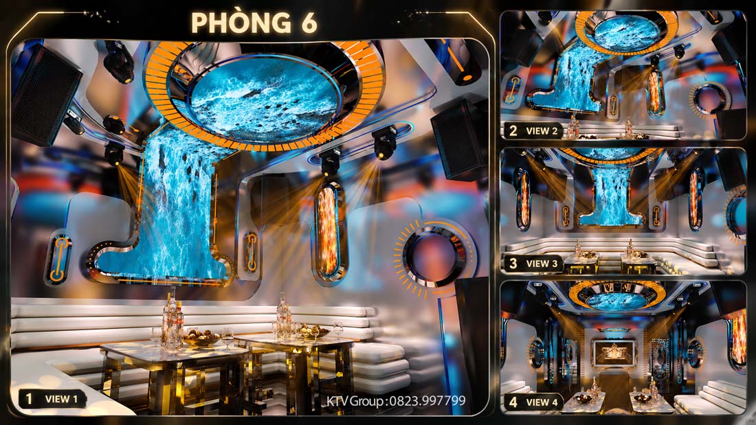 Thiết kế Phòng 06 HAPPY 7 Bistro KTV phong cách futuristic với thác nước LED nghệ thuật và nội thất cao cấp.