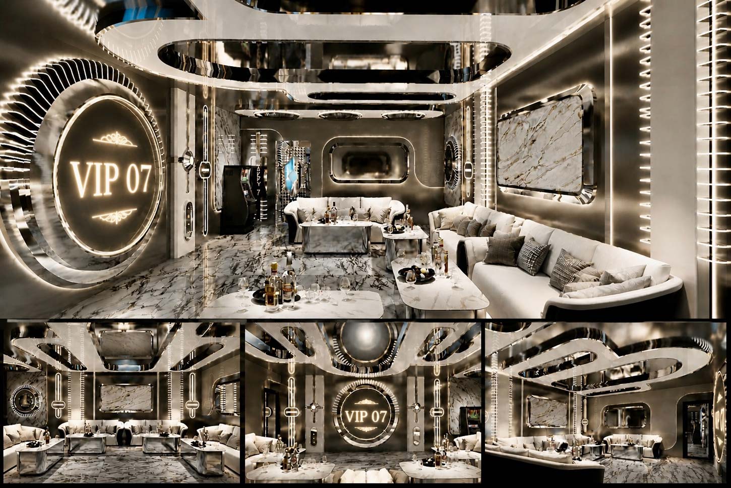 Thiết kế Phòng VIP 07 HAPPY 7 Bistro KTV phong cách Luxury Futuristic với nội thất cao cấp và ánh sáng hiện đại.