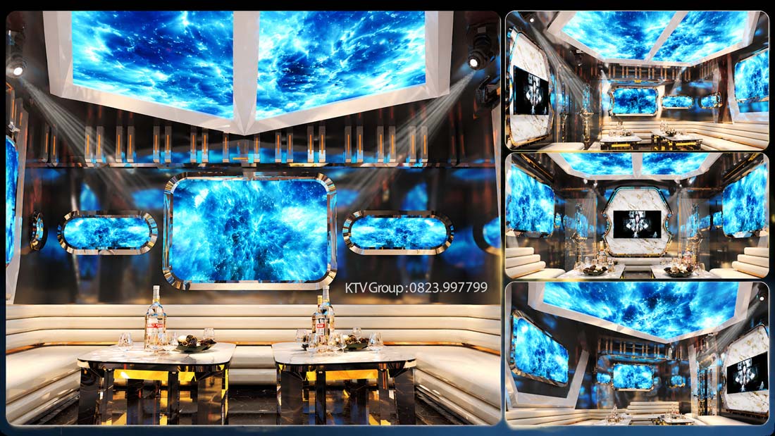 Phòng 12 thuộc dự án HAPPY 7 – BISTRO KTV gây thu hút với hiệu ứng vũ trụ xanh sống động, hệ trần LED độc đáo, nội thất sang trọng và phong cách thiết kế futuristic đẳng cấp tại TP.HCM.