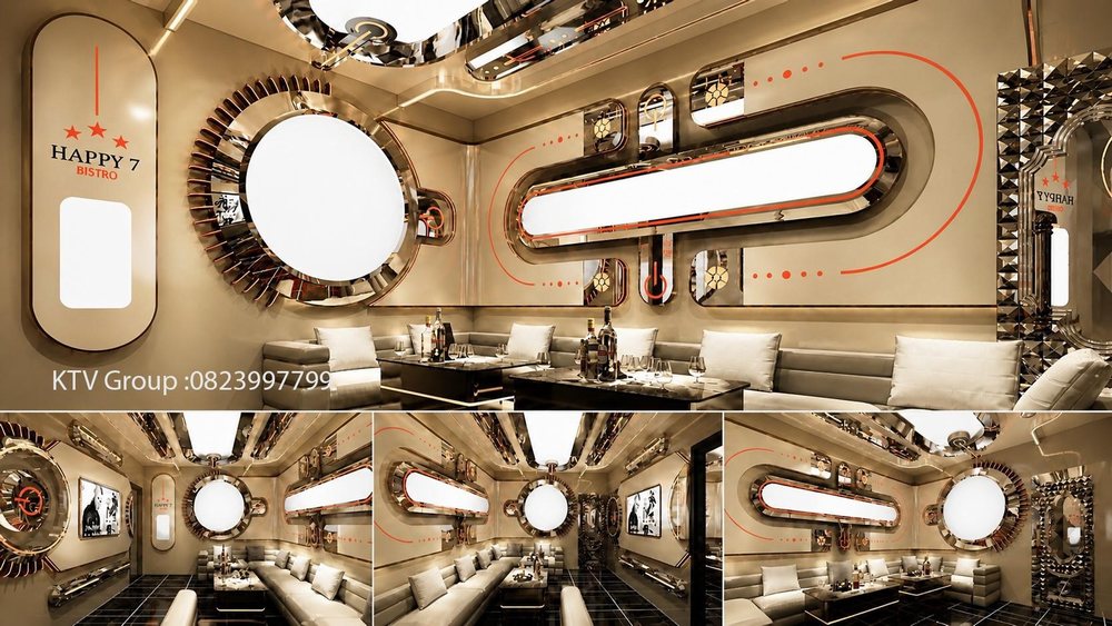 Thiết kế phòng 15 dự án HAPPY 7 – BISTRO KTV tại TP.HCM nổi bật với tông champagne luxury, đường nét bo cong hiện đại, chi tiết kim loại ánh đồng và không gian giải trí VIP sang trọng.