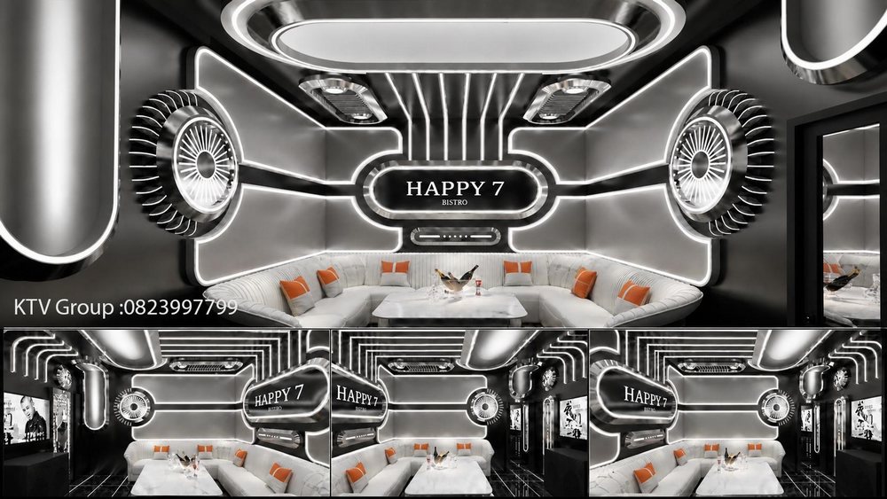 Thiết kế phòng VIP 16 dự án HAPPY 7 – BISTRO KTV TP.HCM phong cách Futuristic, nội thất sang trọng, hệ LED nghệ thuật, ghế sofa bo cong và không gian karaoke cao cấp.