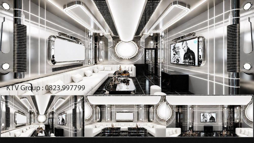 Thiết kế phòng VIP 18 dự án HAPPY 7 – BISTRO KTV TP.HCM phong cách Futuristic Luxury, nội thất cao cấp, sofa uốn cong, đá marble sang trọng và hệ chiếu sáng nghệ thuật hiện đại.