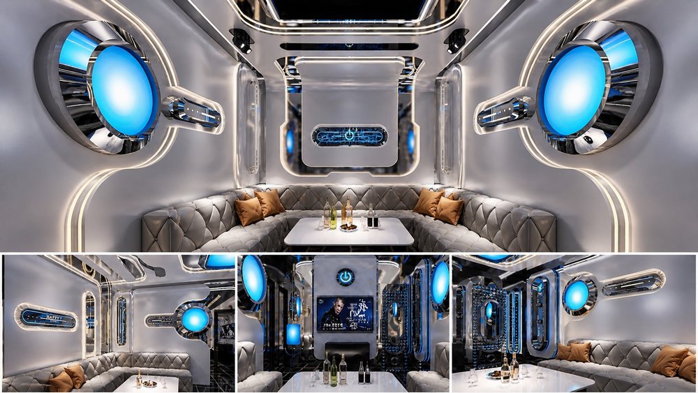 Thiết kế phòng VIP 19 dự án HAPPY 7 – BISTRO KTV TP.HCM phong cách Futuristic, nội thất trắng cao cấp, LED xanh công nghệ, sofa bọc da và không gian karaoke sang trọng.