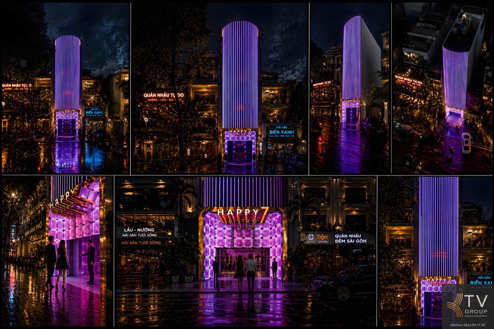 Phối cảnh mặt tiền HAPPY 7 – BISTRO KTV TP.HCM phong cách Modern Futuristic, ánh sáng LED nghệ thuật, thiết kế khối đứng hiện đại, nổi bật trên tuyến phố kinh doanh về đêm.
