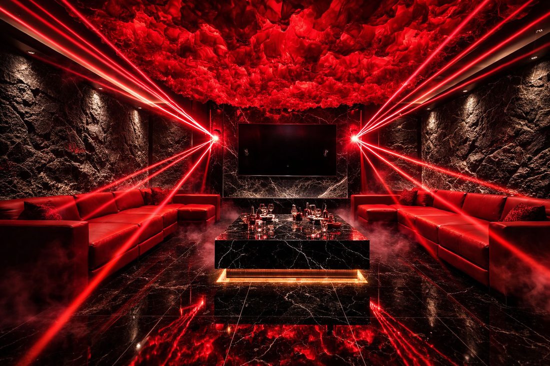 Thiết kế phòng karaoke KTV phong cách luxury ánh sáng đỏ hiện đại  Nội thất phòng karaoke KTV cao cấp với trần LED nghệ thuật  Mẫu thiết kế karaoke KTV sang trọng phong cách nightlife 