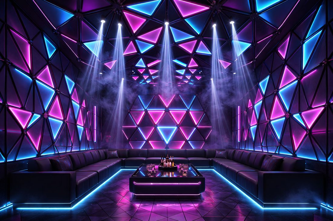 Thiết kế phòng karaoke KTV LED hình học phong cách cyber nightlife hiện đại tại Biên Hòa với tường tam giác phát sáng và sofa chữ U sang trọng. 
