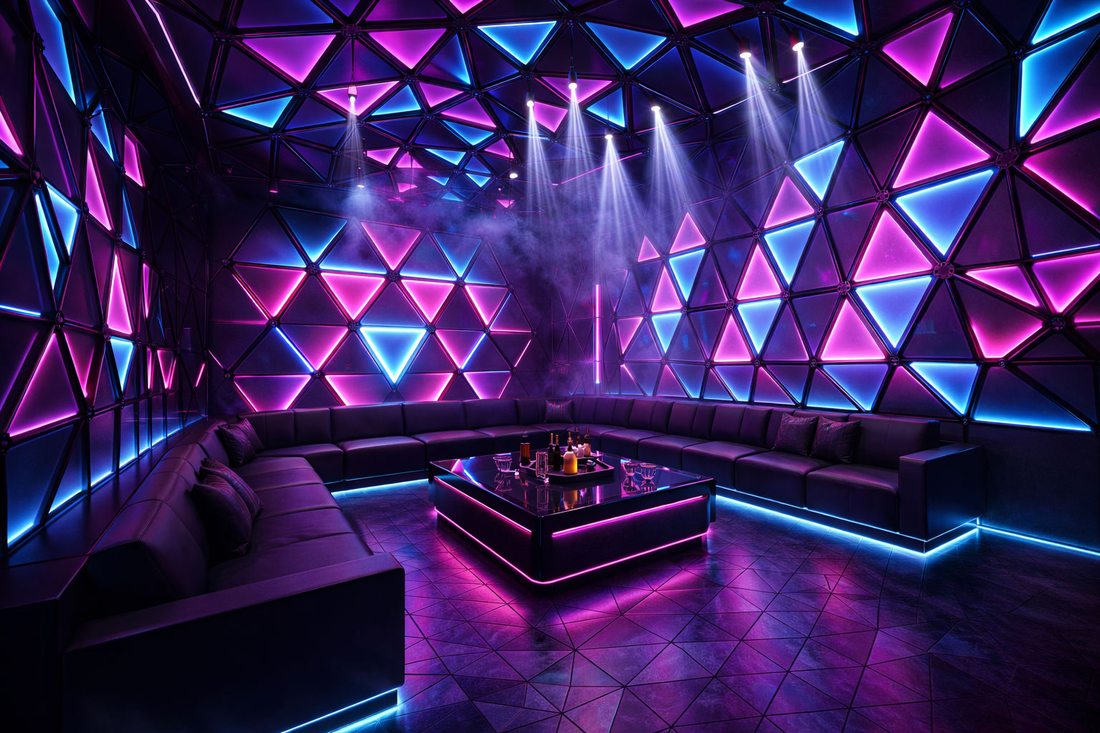 Không gian thiết kế karaoke KTV ánh sáng LED RGB hình học 3D phong cách nightclub hiện đại tại Biên Hòa với trần ánh sáng và bàn trung tâm phát sáng. 