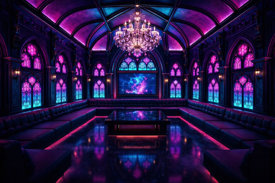 Thiết kế phòng karaoke KTV phong cách Gothic luxury với trần vòm cổ điển, đèn chùm pha lê sang trọng và hệ ánh sáng LED neon hiện đại tạo không gian giải trí đẳng cấp cho quán karaoke cao cấp. 