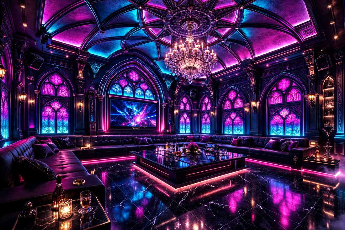 Mẫu phòng karaoke KTV cao cấp thiết kế phong cách nightclub kết hợp kiến trúc Gothic, nội thất sofa sang trọng và hệ thống ánh sáng LED nghệ thuật tạo không gian party ấn tượng thu hút khách hàng trẻ. 