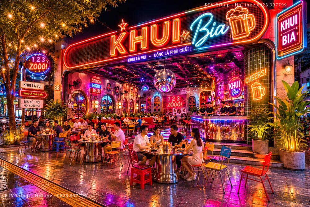 Thiết kế thi công Beer Club Beer Garden Food Music hiện đại với mặt tiền Neon LED nổi bật, thu hút khách hàng ngay từ bên ngoài. 