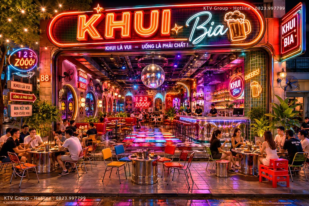 Thiết kế Beer Club phong cách Nightlife kết hợp khu vực ăn uống, sân khấu âm nhạc và không gian mở chuyên nghiệp. 